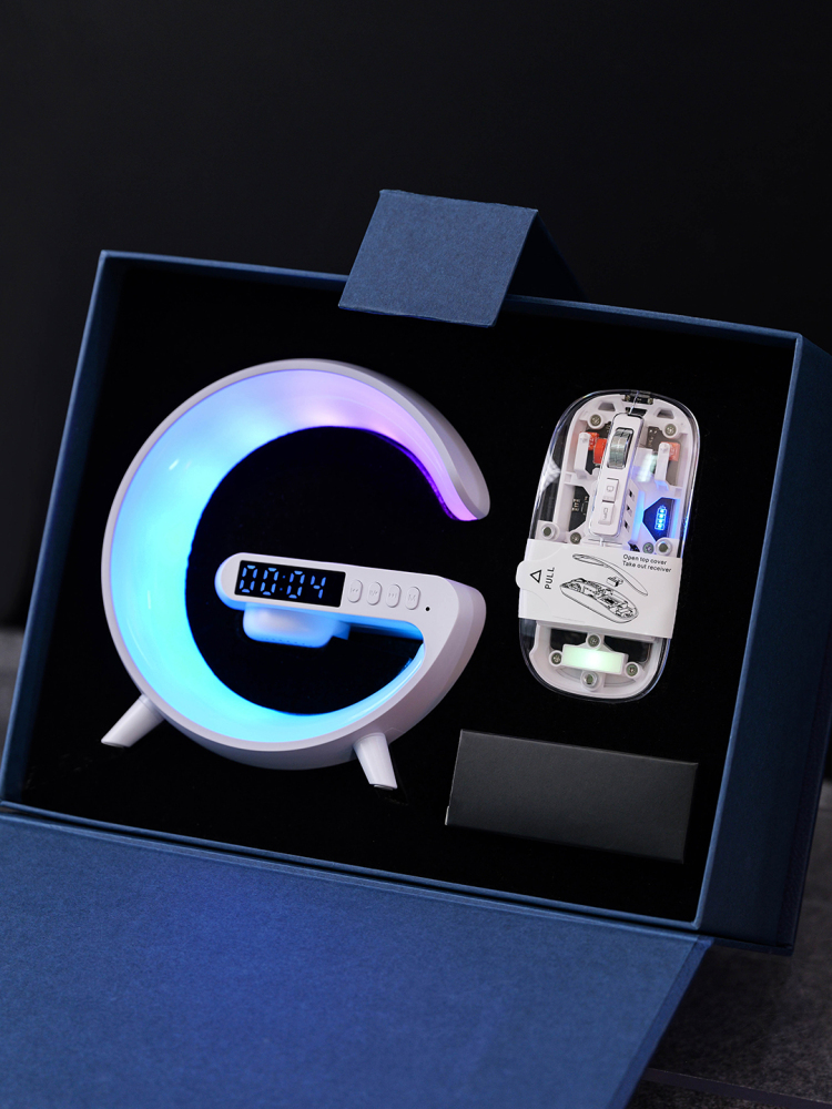 Moon Lamp Wireless Charging Set with Bluetooth Speaker & Alarm Clock | Adjustable Light Charger + Transparent Mouse | Custom Logo