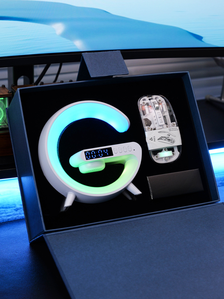 Moon Lamp Wireless Charging Set with Bluetooth Speaker & Alarm Clock | Adjustable Light Charger + Transparent Mouse | Custom Logo