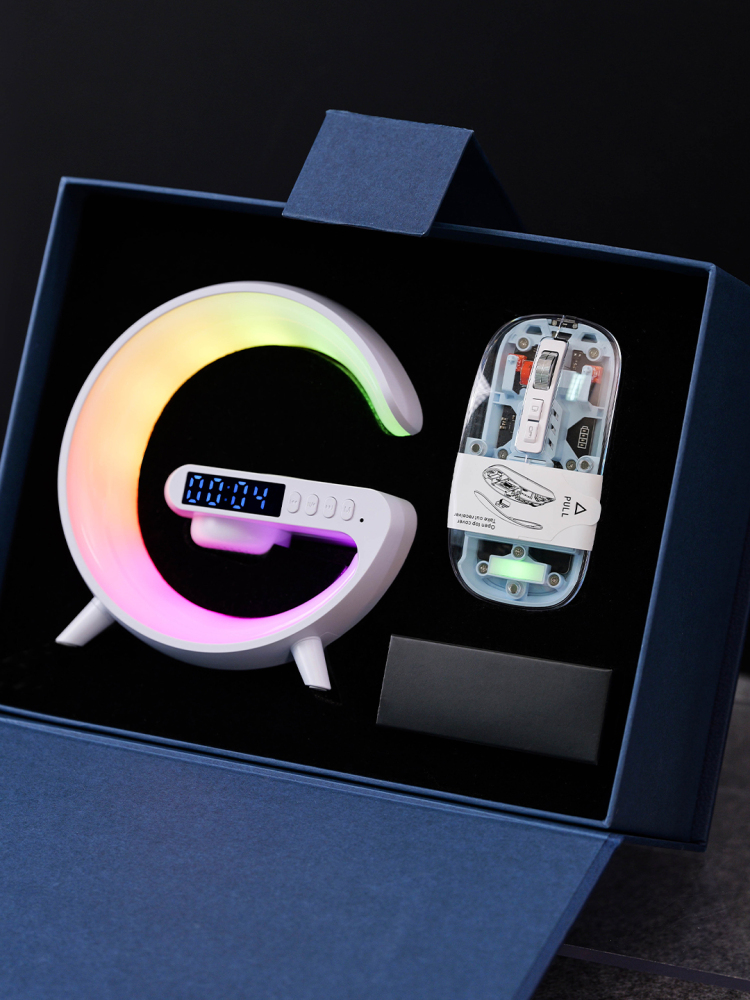 Moon Lamp Wireless Charging Set with Bluetooth Speaker & Alarm Clock | Adjustable Light Charger + Transparent Mouse | Custom Logo