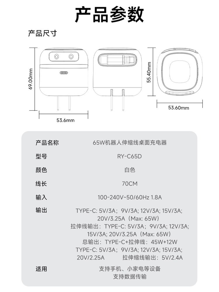 Logo RY-C65D 65W Robot GaN Charger - product view 10