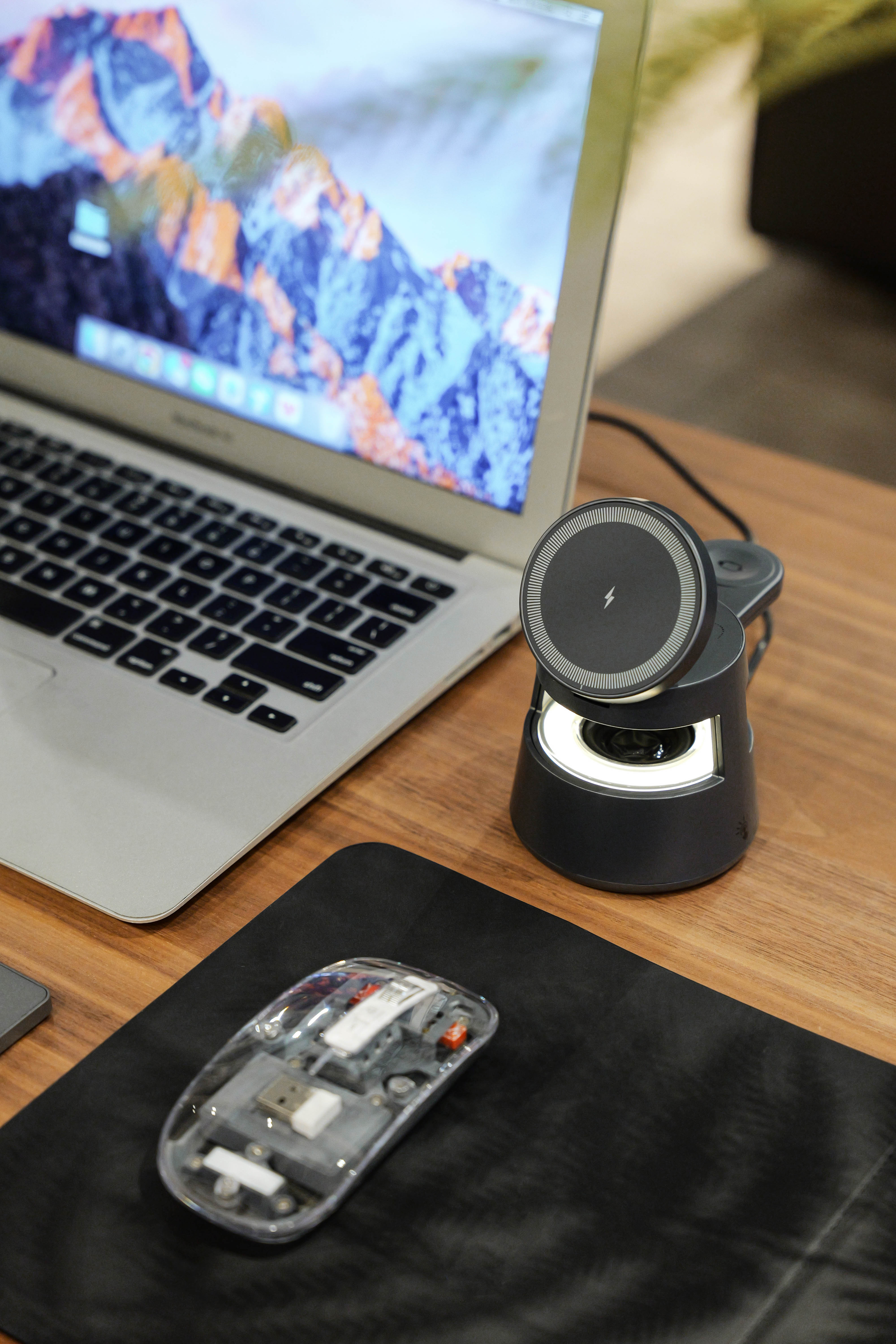 4-Piece Office Gift Set: Mushroom Lamp Wireless Charger Bluetooth Speaker, Transparent Tri-Mode Mouse, Tri-Fold Touch Bluetooth Keyboard & Wireless Charging Mouse Pad
