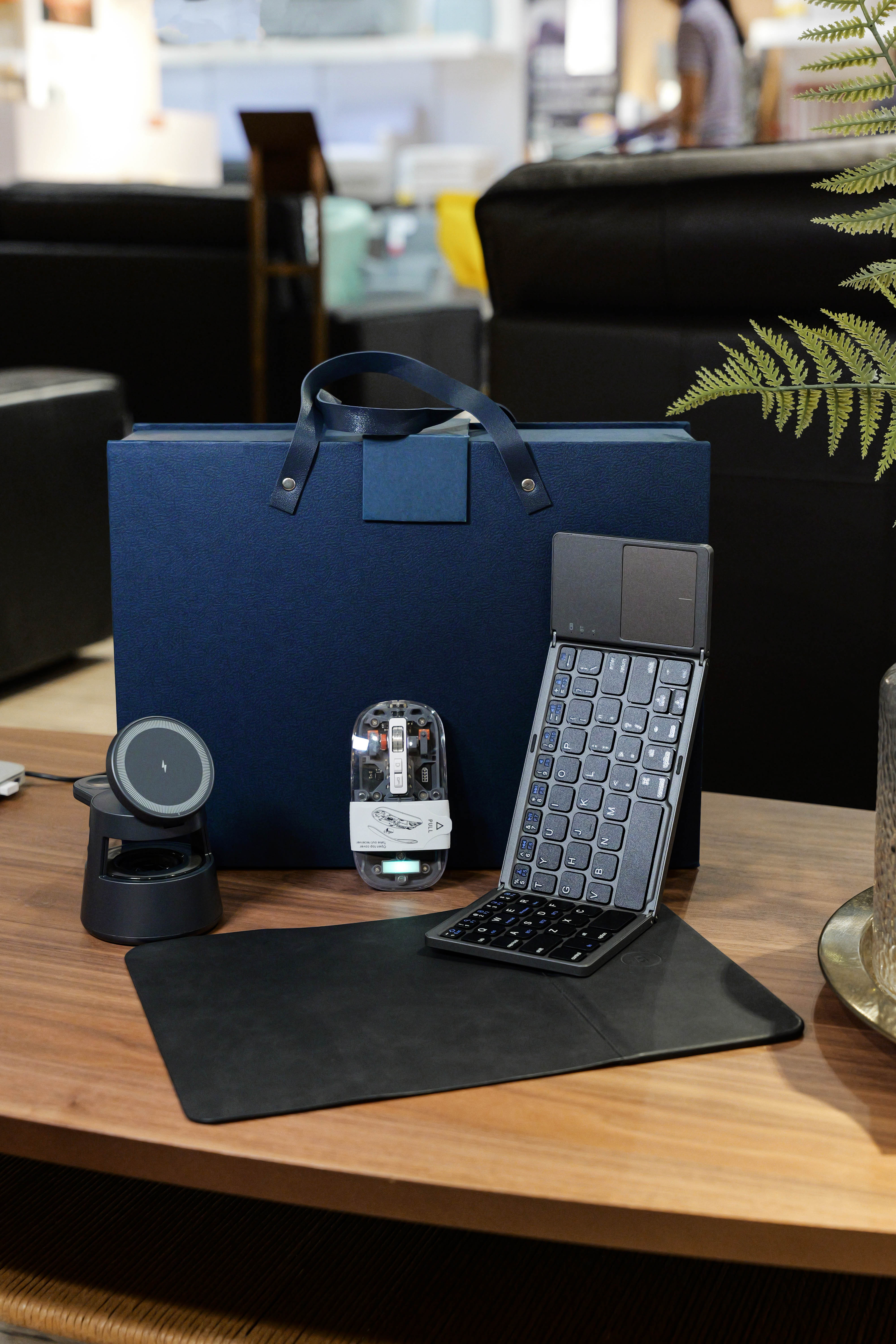 4-Piece Office Gift Set: Mushroom Lamp Wireless Charger Bluetooth Speaker, Transparent Tri-Mode Mouse, Tri-Fold Touch Bluetooth Keyboard & Wireless Charging Mouse Pad