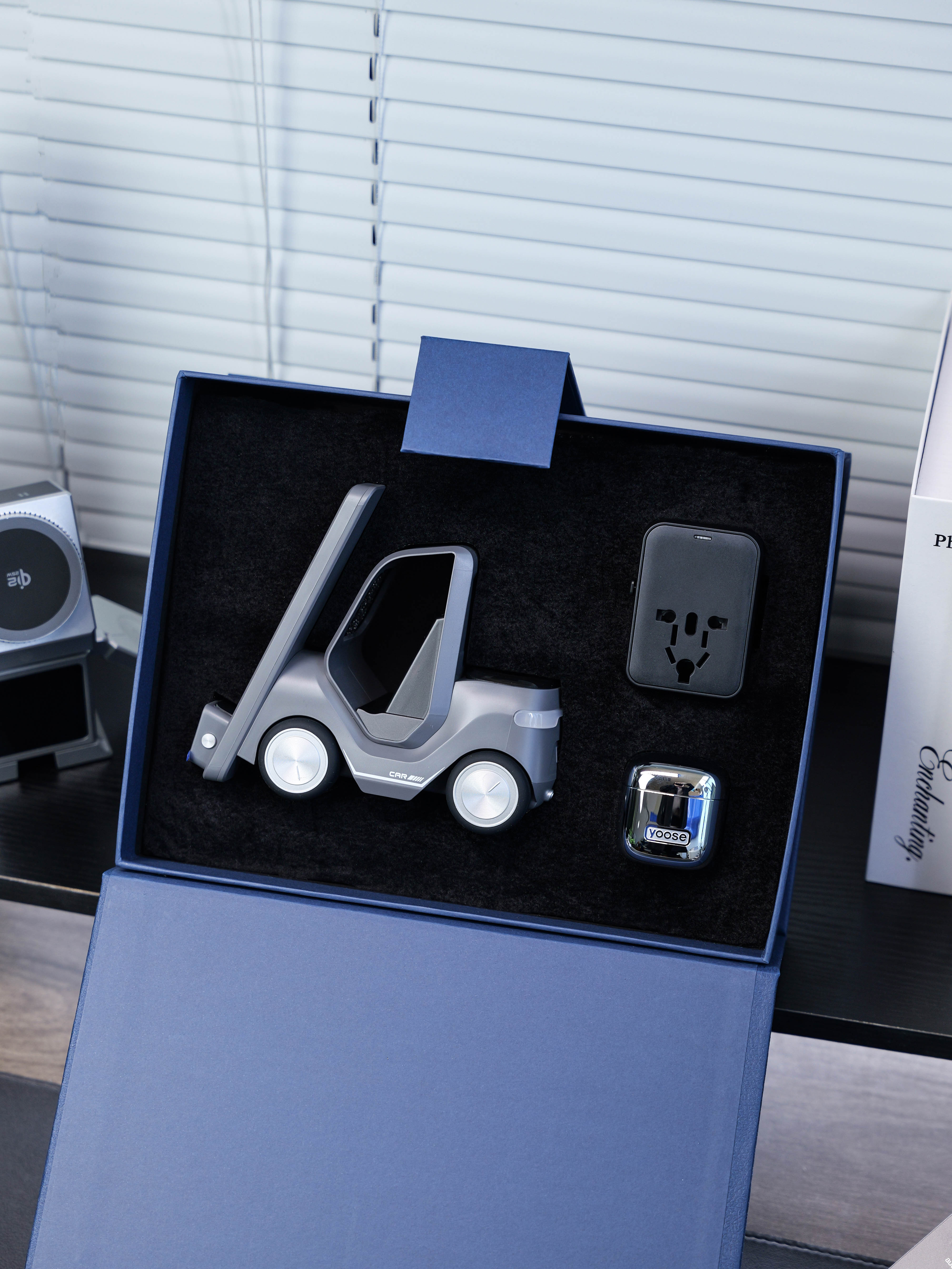 Car-Shaped Multi-Function Wireless Charger & Air-Conduction Earbuds, 2-Piece Desk Tech Gift Set