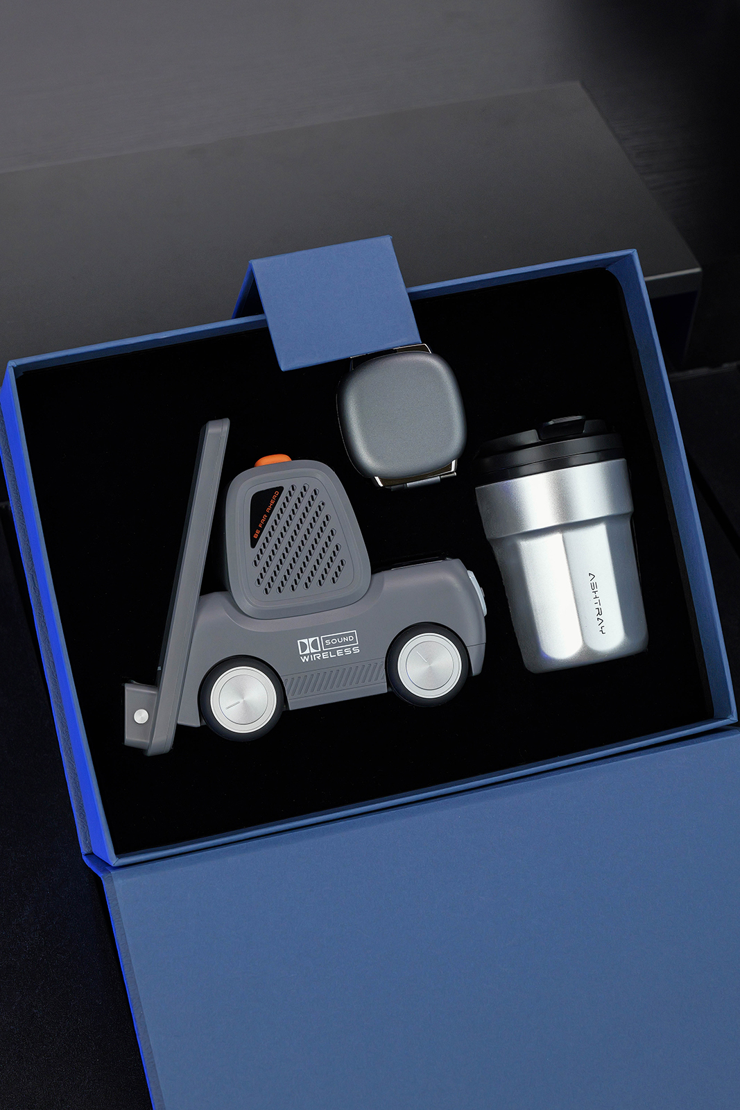 Custom Logo Multi-Function Wireless Charger T30 with Bluetooth Speaker, Car Ashtray WX-006 & Retractable USB-C Cable | 3-Piece Car Owner Gift Set