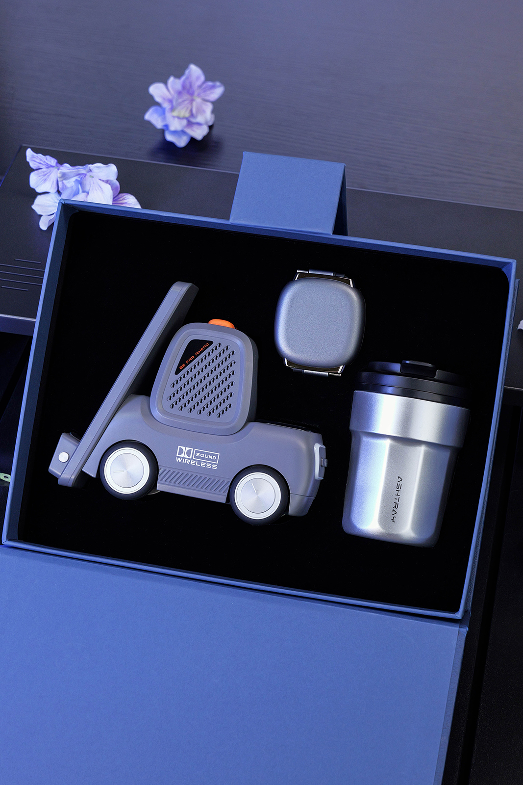 Custom Logo Multi-Function Wireless Charger T30 with Bluetooth Speaker, Car Ashtray WX-006 & Retractable USB-C Cable | 3-Piece Car Owner Gift Set