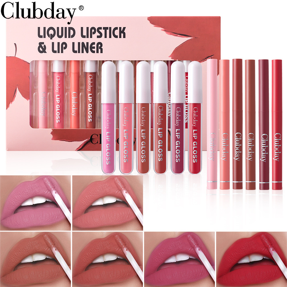 Clubday long-lasting velvet matte lip glaze matte lip pencil 6+6 combination set easy to color lipstick pen