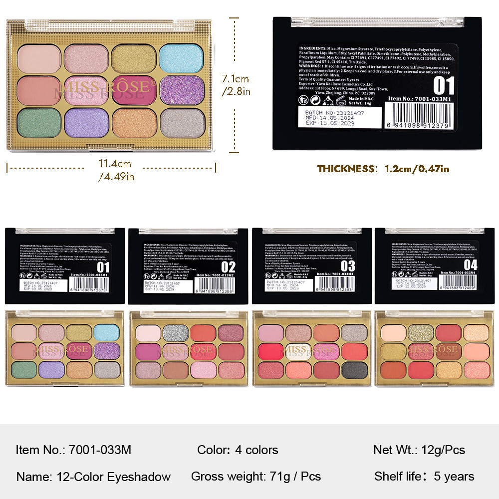 MISS ROSE cross-border 12-color eyeshadow palette non-smudge waterproof pearlescent matte personality internet celebrity makeup palette