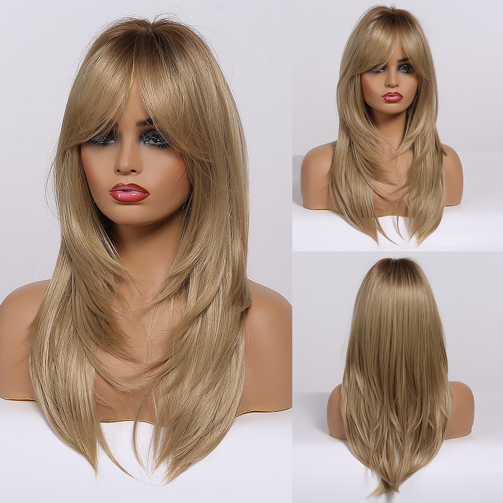 Foreign trade cross-border new European and American full head wig eight-character Liu gradient golden hair tail curl high temperature silk chemical fiber wig for women