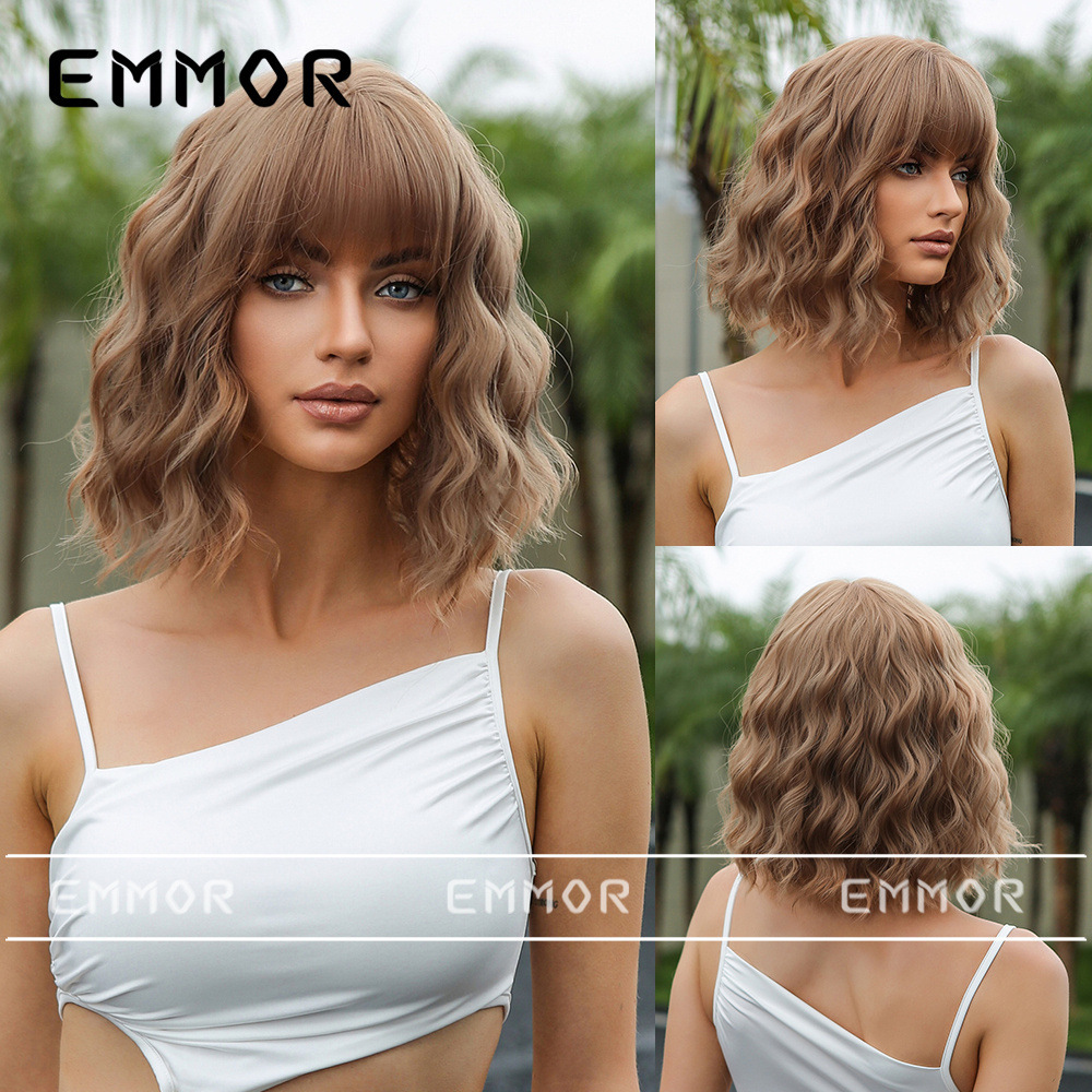 European and American short curly bob with bangs summer light breathable light brown natural chemical fiber wig head