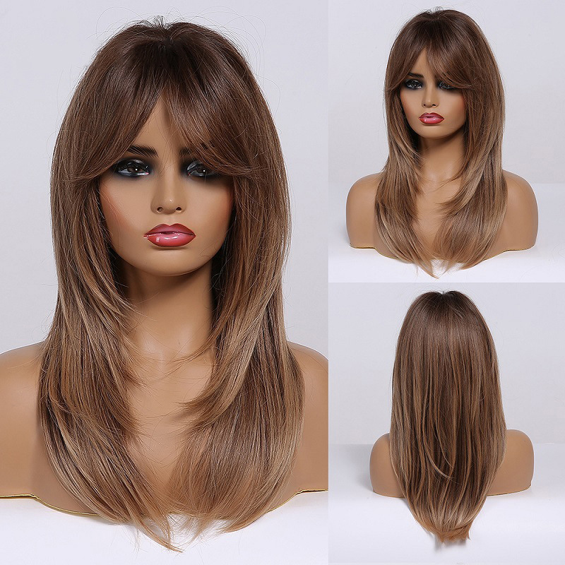 Foreign trade cross-border new European and American full head wig eight-character Liu gradient golden hair tail curl high temperature silk chemical fiber wig for women