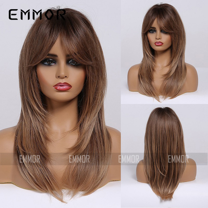Foreign trade cross-border new European and American full head wig eight-character Liu gradient golden hair tail curl high temperature silk chemical fiber wig for women