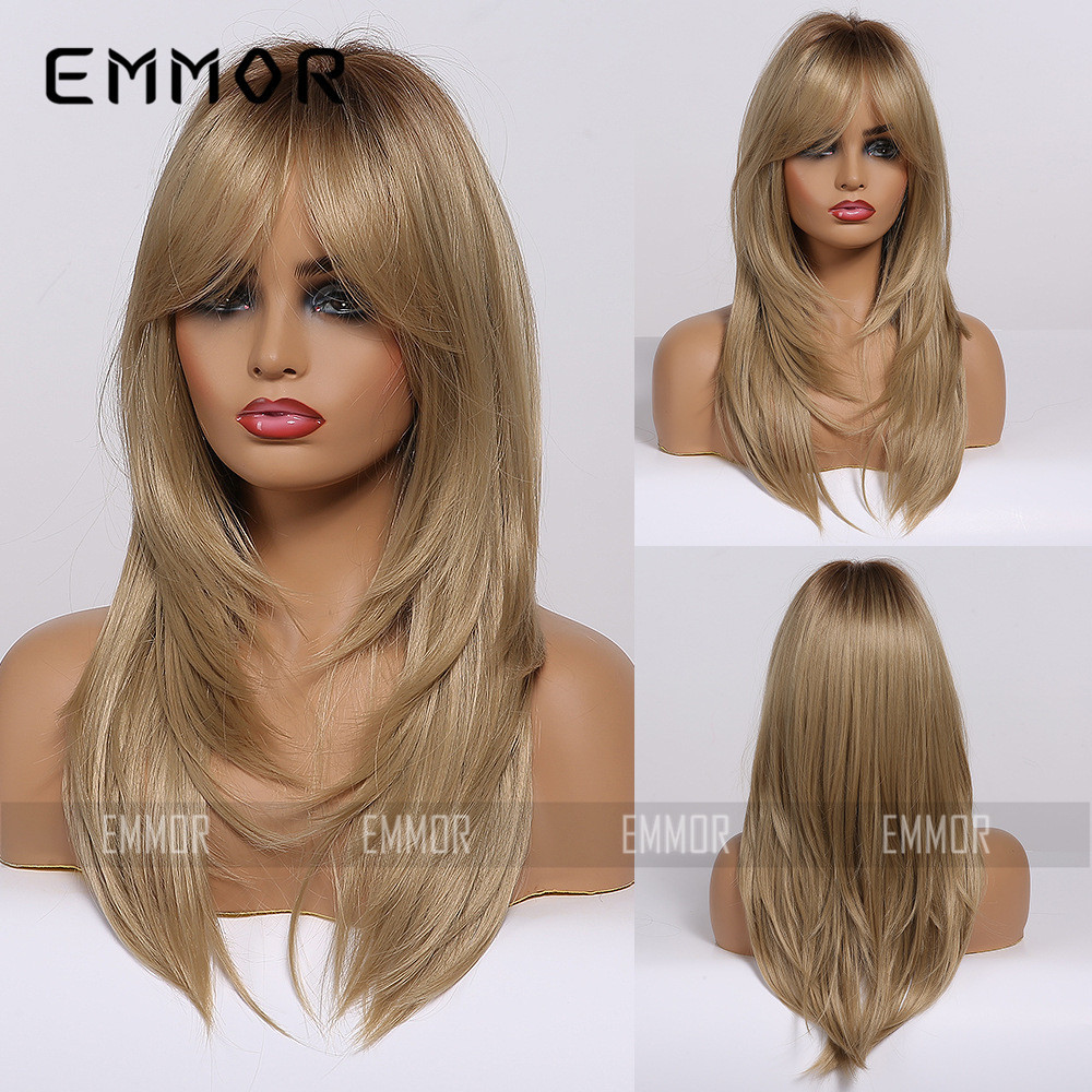 Foreign trade cross-border new European and American full head wig eight-character Liu gradient golden hair tail curl high temperature silk chemical fiber wig for women