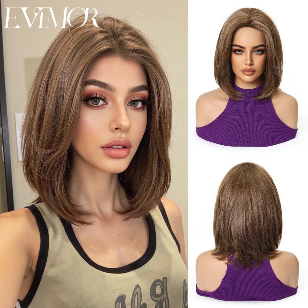 Cross-border new synthetic hair female summer full head set realistic natural bob head middle parting age-reducing full head wig set