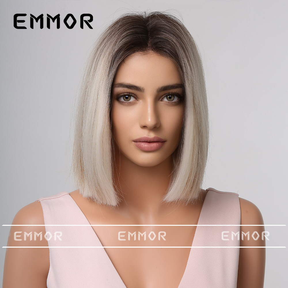 Emmor Amazon cross-border new wig middle part gray short straight bobo head full head cover factory direct sales