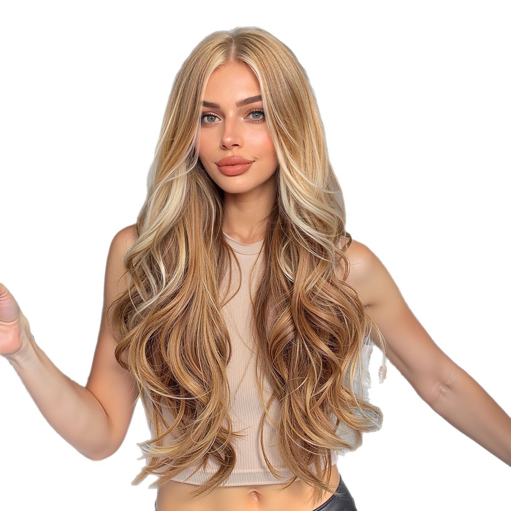 Emmor Amazon foreign trade European and American wigs wigs golden highlights middle long curly hair chemical fiber wig female headpiece