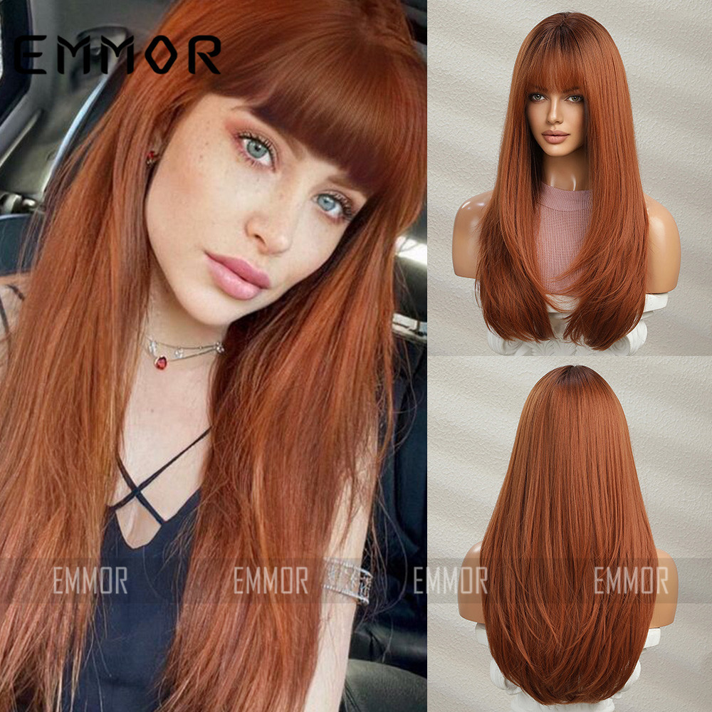 European and American wigs for women with long straight hair, dirty orange color, internet celebrity anchor, cool trendy color, lolita long straight hair, full head wig