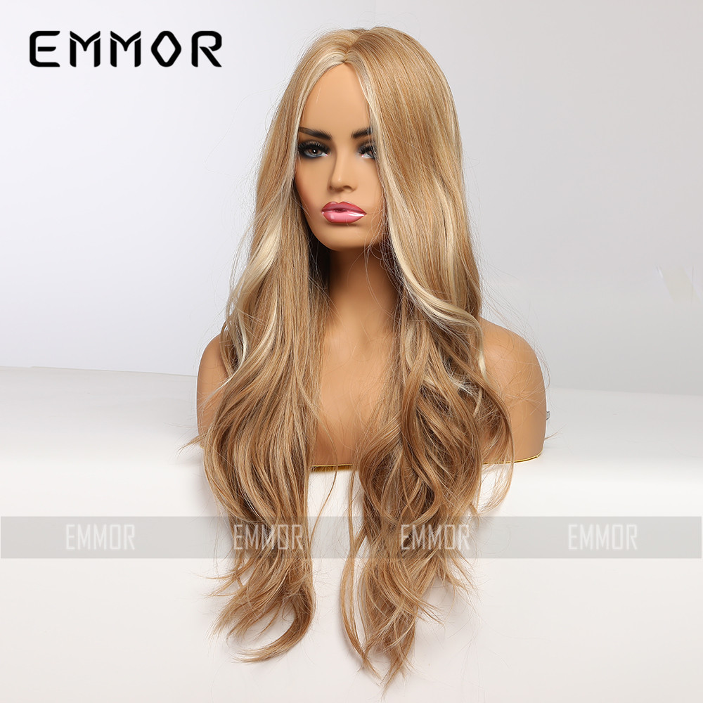 Emmor Amazon foreign trade European and American wigs wigs golden highlights middle long curly hair chemical fiber wig female headpiece