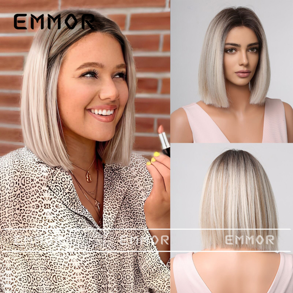 Emmor Amazon cross-border new wig middle part gray short straight bobo head full head cover factory direct sales