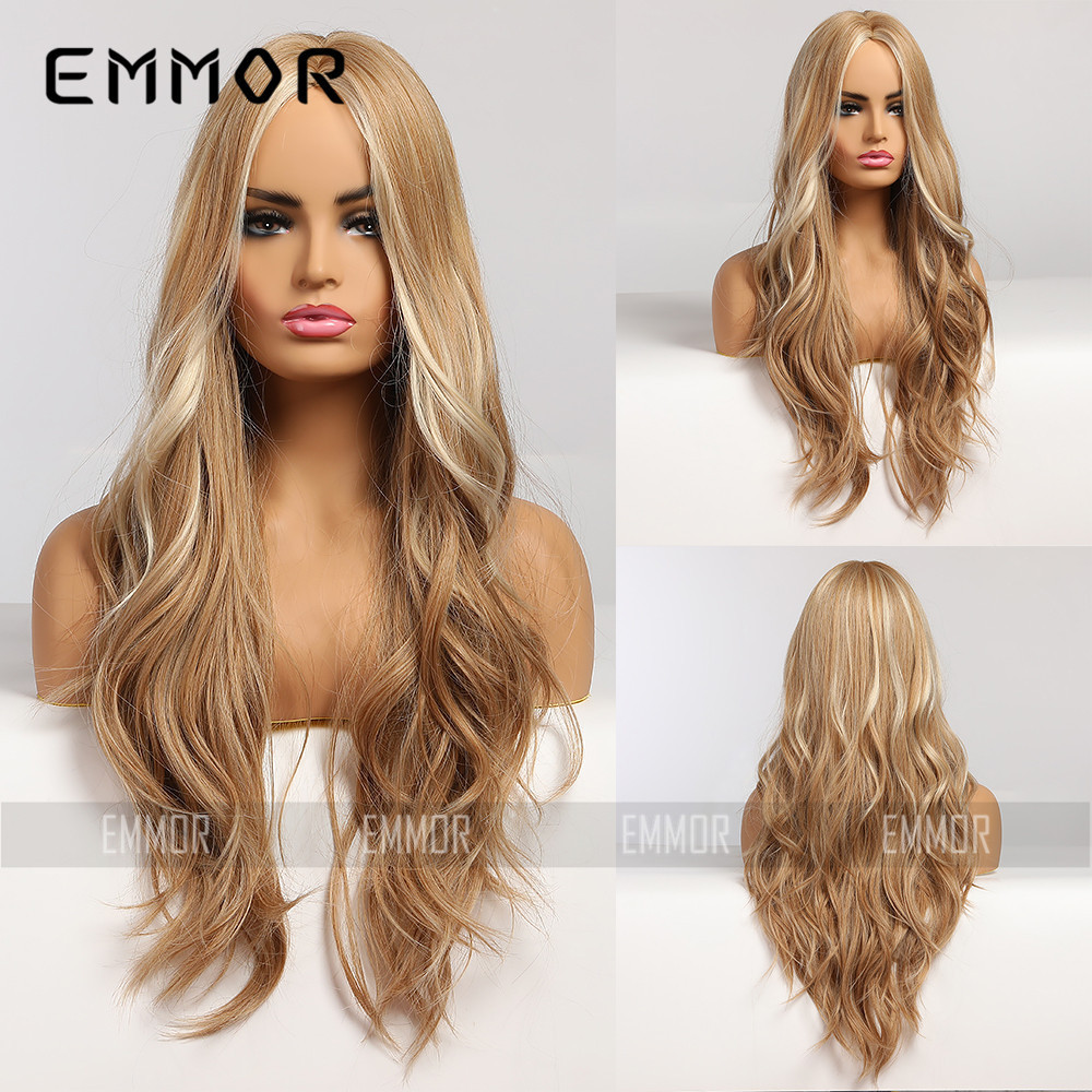 Emmor Amazon foreign trade European and American wigs wigs golden highlights middle long curly hair chemical fiber wig female headpiece