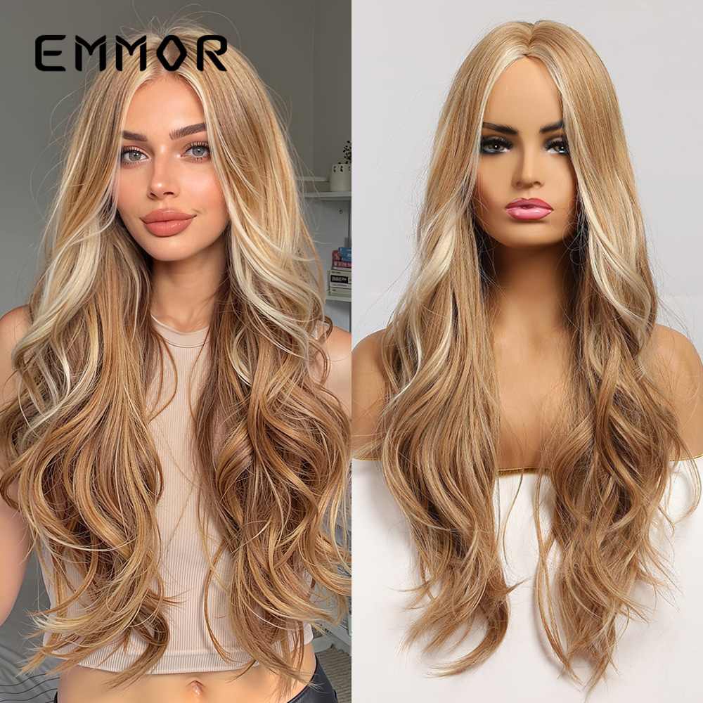 Emmor Amazon foreign trade European and American wigs wigs golden highlights middle long curly hair chemical fiber wig female headpiece