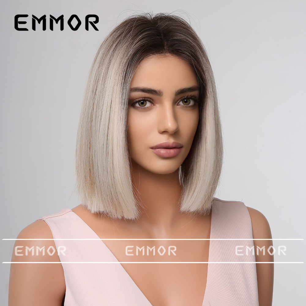 Emmor Amazon cross-border new wig middle part gray short straight bobo head full head cover factory direct sales