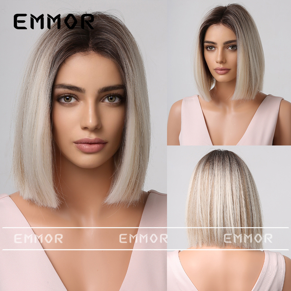 Emmor Amazon cross-border new wig middle part gray short straight bobo head full head cover factory direct sales