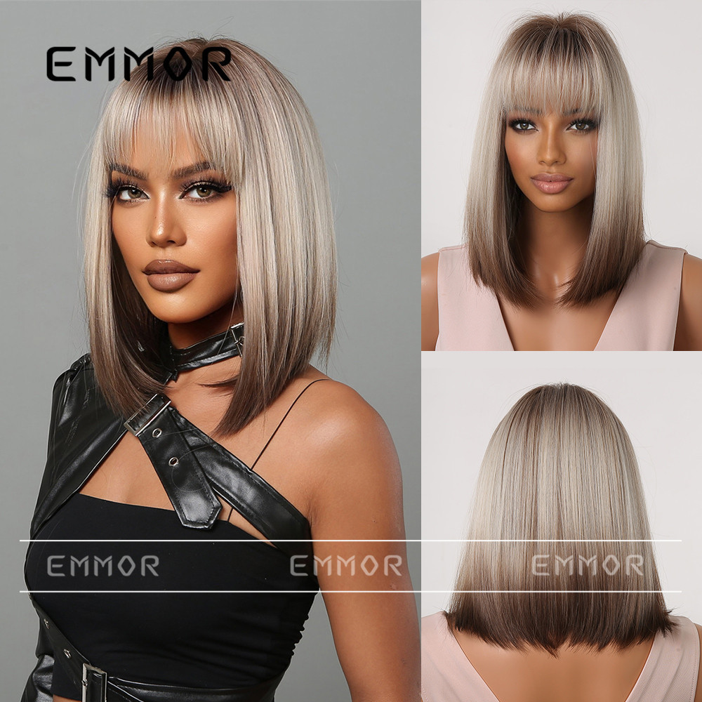 Wig female new style net red clavicle short straight hair gradient gold simulation scalp natural medium long hair full head cover