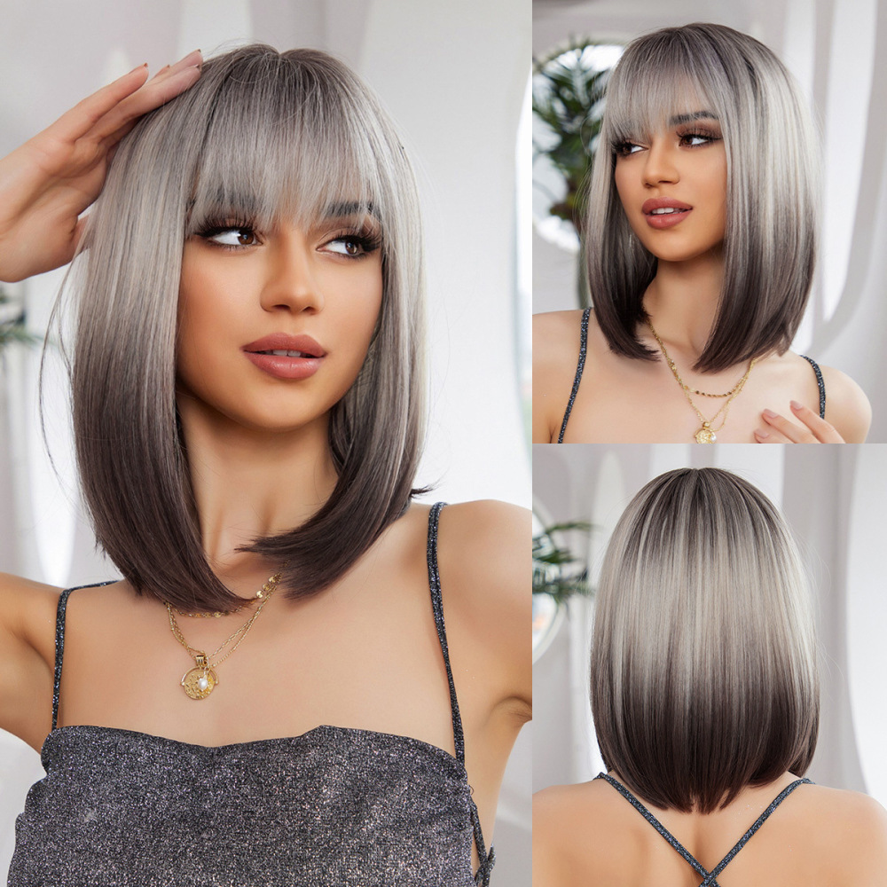 Wig female new style net red clavicle short straight hair gradient gold simulation scalp natural medium long hair full head cover