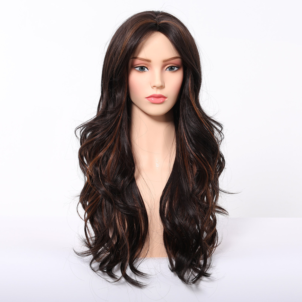 Cross-border new chemical fiber wig female full head set eight-character bangs black brown highlight long curly hair temperament goddess wigs