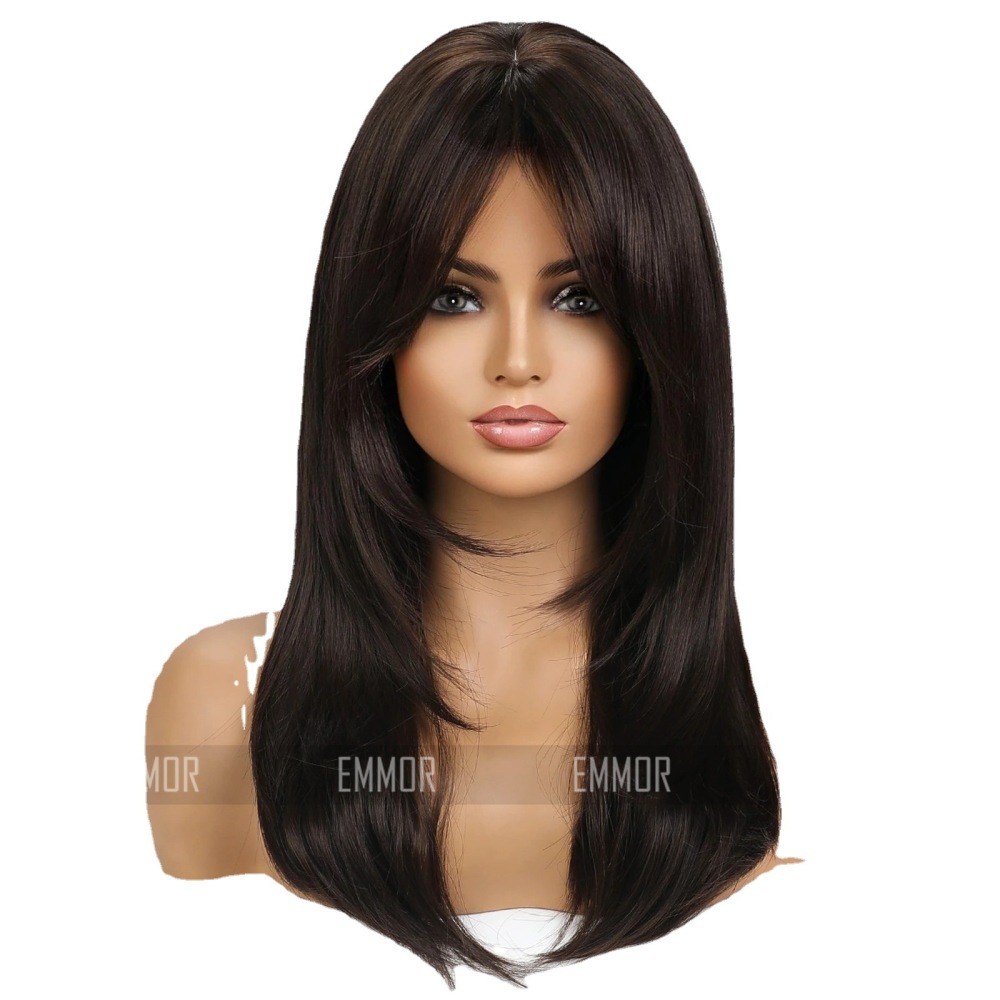 新款自然黑八字刘海中长微卷发仿真化纤全头套 欧美假发女wigs