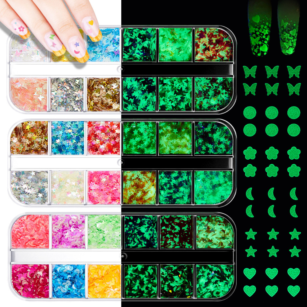 Cross-border luminous powder nail art sequins glitter butterfly five-pointed star heart luminous nail polish nail stickers jewelry diamond