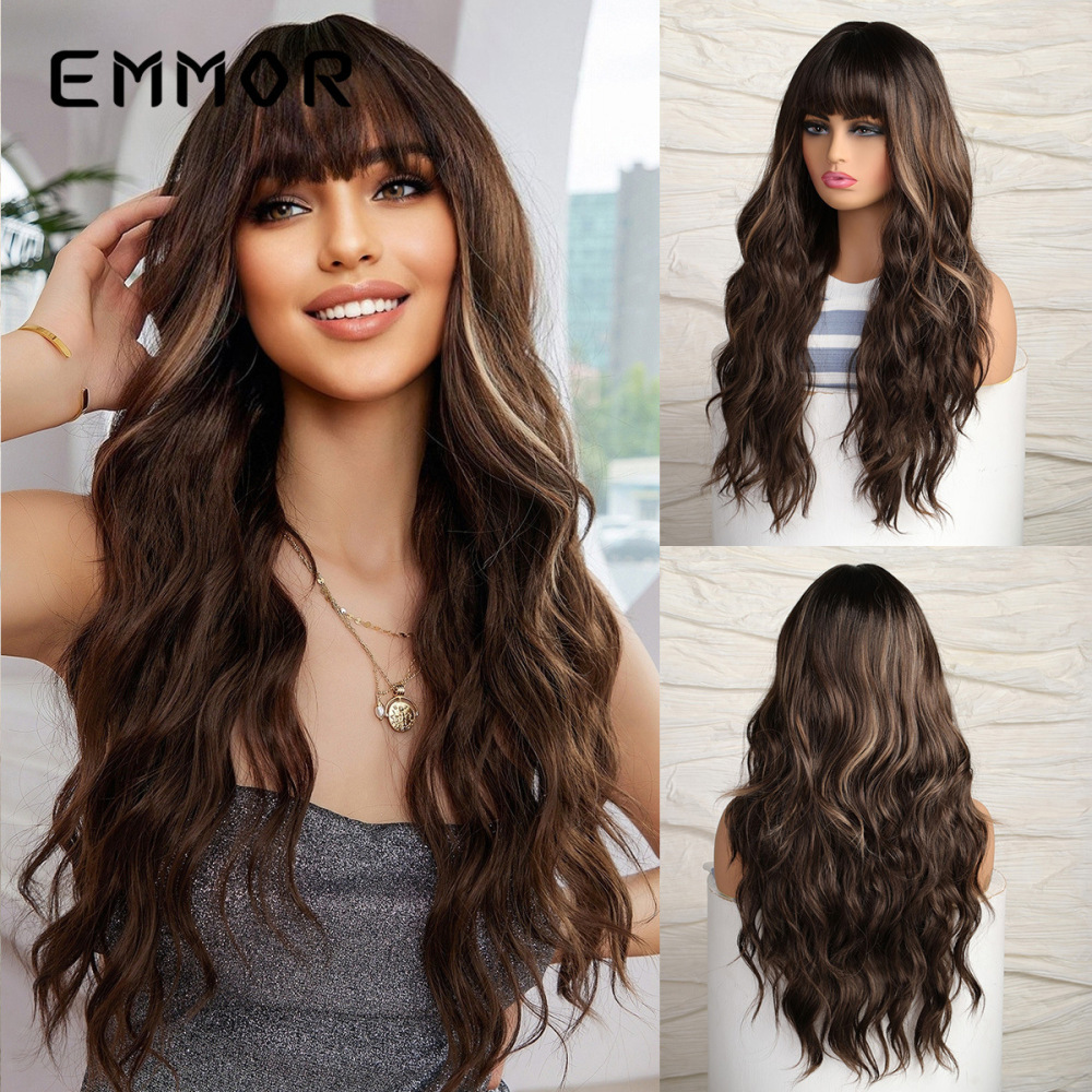 2024 new foreign trade highlighted brown bangs big wave long curly hair European and American wig full head hairstyle hair