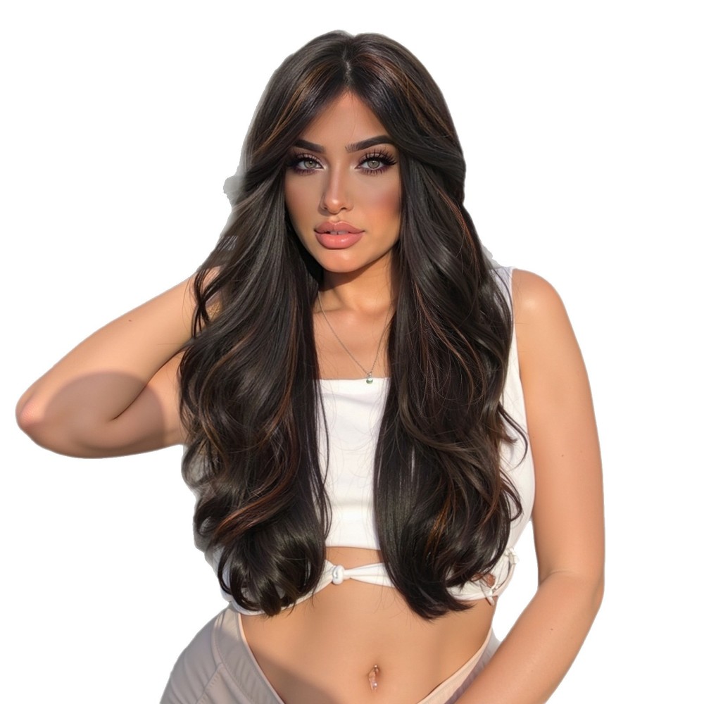 Cross-border new chemical fiber wig female full head set eight-character bangs black brown highlight long curly hair temperament goddess wigs