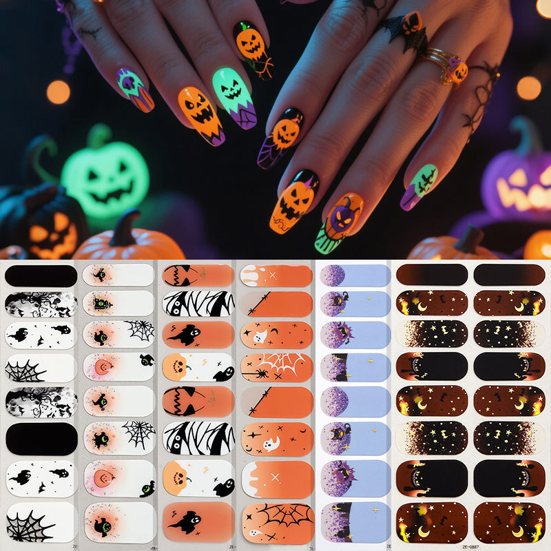 Zhengxiang cross-border new Halloween luminous nail polish film nail stickers spider web ghost dark series European and American nail stickers