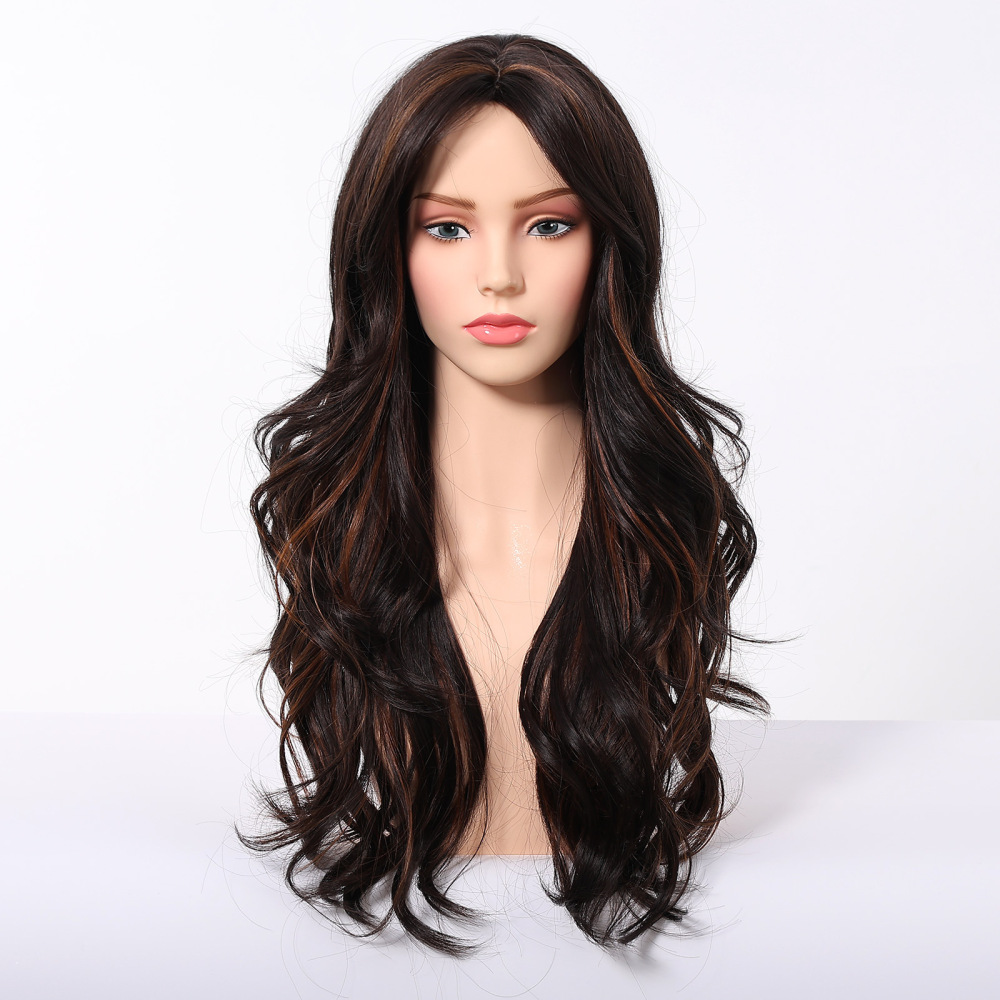 Cross-border new chemical fiber wig female full head set eight-character bangs black brown highlight long curly hair temperament goddess wigs