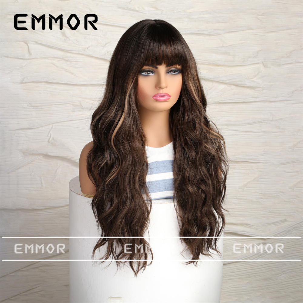2024 new foreign trade highlighted brown bangs big wave long curly hair European and American wig full head hairstyle hair