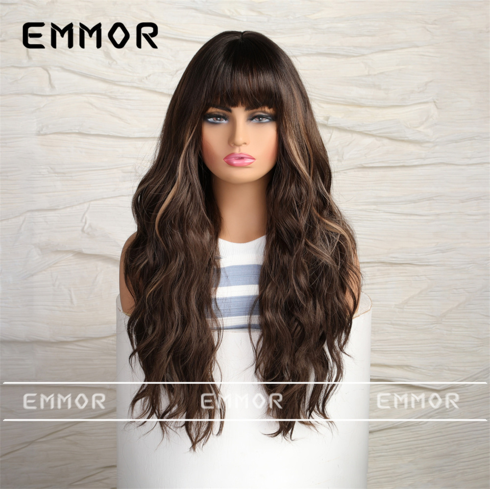 2024 new foreign trade highlighted brown bangs big wave long curly hair European and American wig full head hairstyle hair