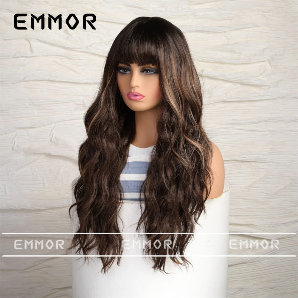 2024 new foreign trade highlighted brown bangs big wave long curly hair European and American wig full head hairstyle hair