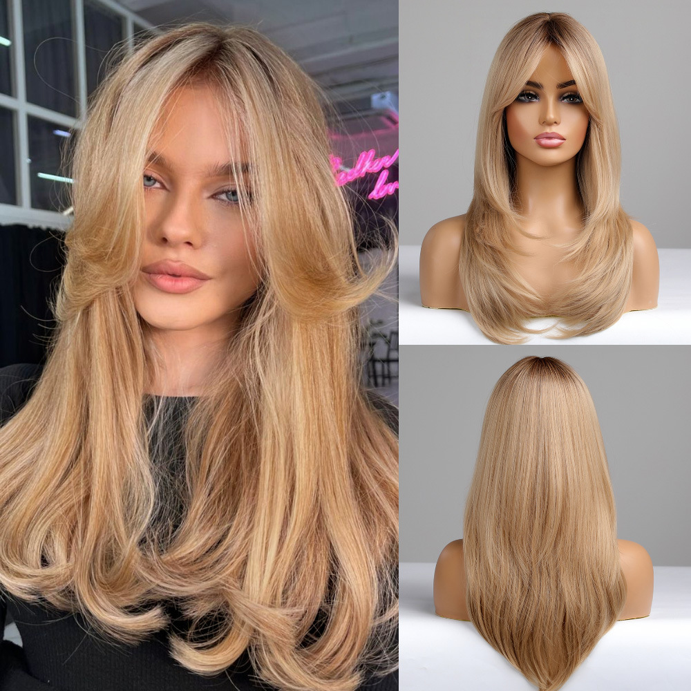 新款自然黑八字刘海中长微卷发仿真化纤全头套 欧美假发女wigs