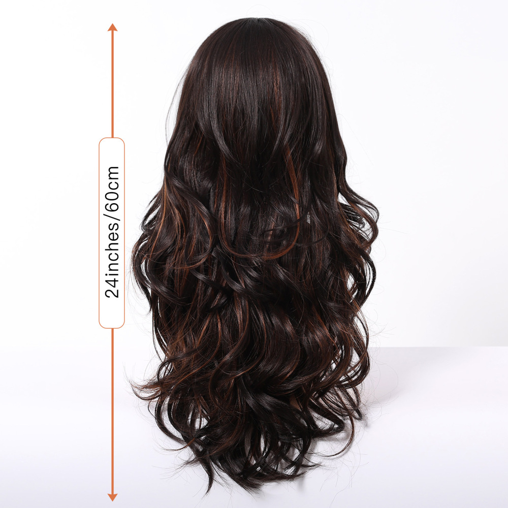 Cross-border new chemical fiber wig female full head set eight-character bangs black brown highlight long curly hair temperament goddess wigs