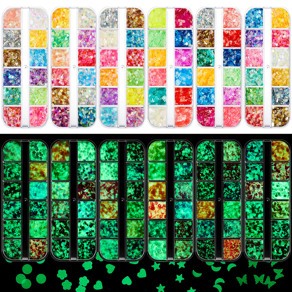 Cross-border luminous powder nail art sequins glitter butterfly five-pointed star heart luminous nail polish nail stickers jewelry diamond