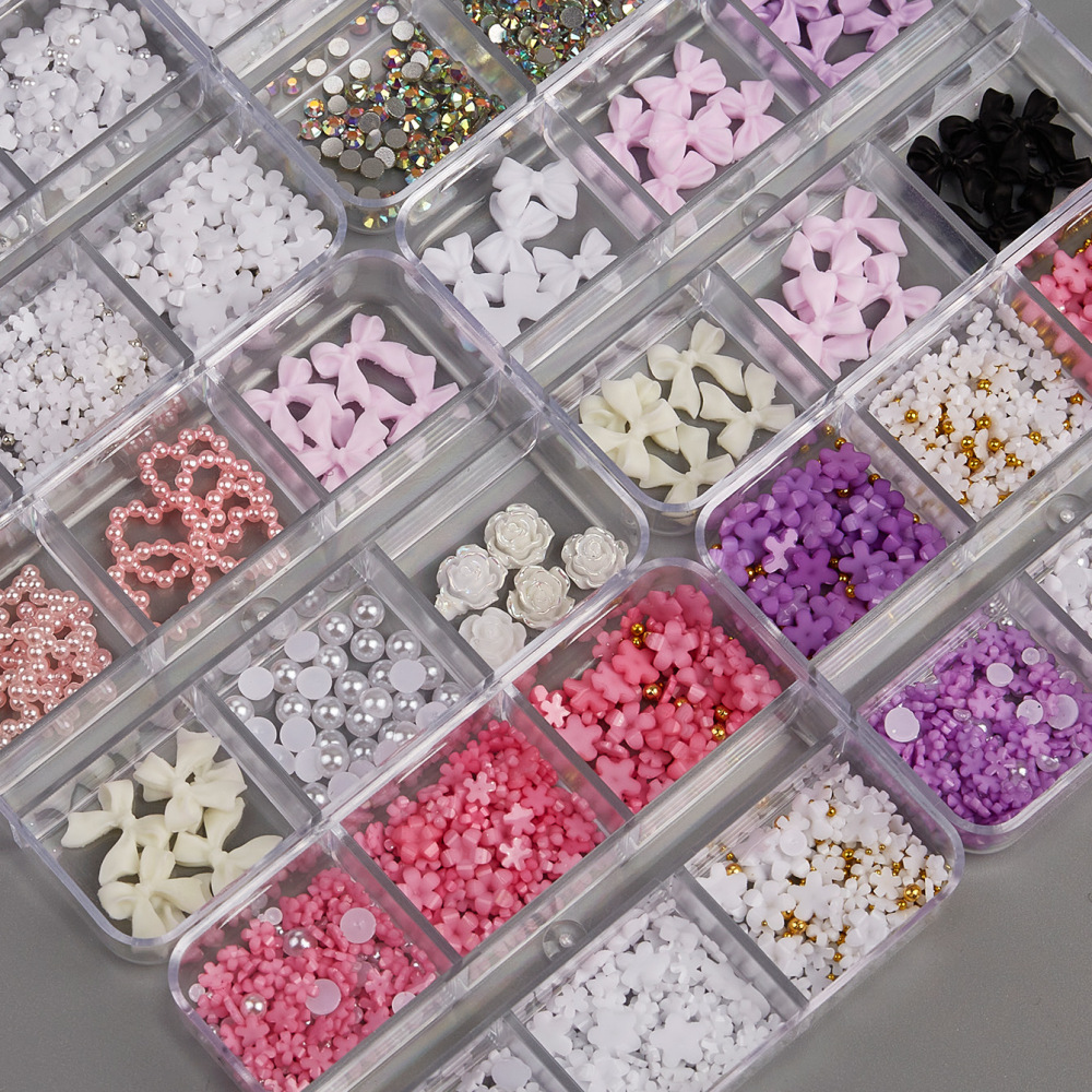 Cross-border hot selling nail resin jewelry set glass diamond flower moonlight pearl bow DIY wearable nail
