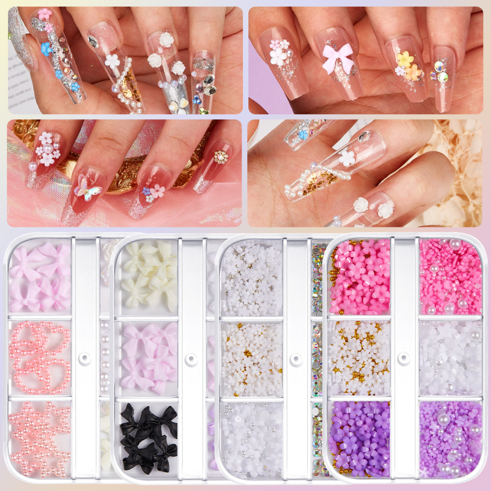 Cross-border hot selling nail resin jewelry set glass diamond flower moonlight pearl bow DIY wearable nail