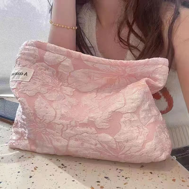 Ins小众灯芯绒撞色条纹化妆包便携旅行出差护肤品收纳袋洗漱包