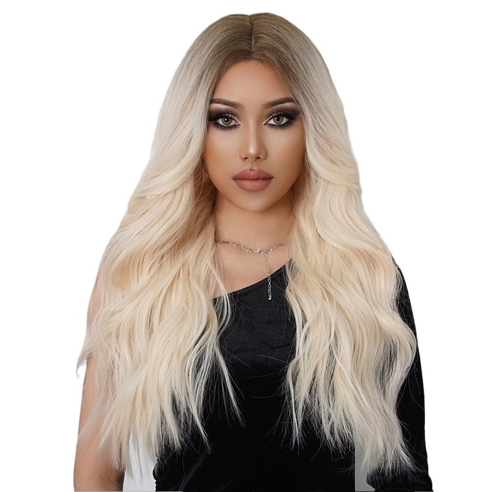 Temperament goddess style wig middle part gradient golden big wave long curly hair high temperature wire European and American wig female headpiece