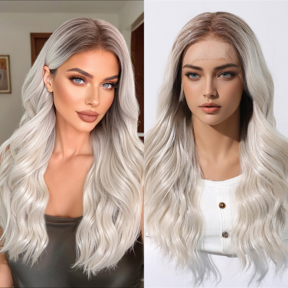 Cross-border grandma gray wig 13*6 large area full hand-woven long curly hair random parting secondary shaping full head cover
