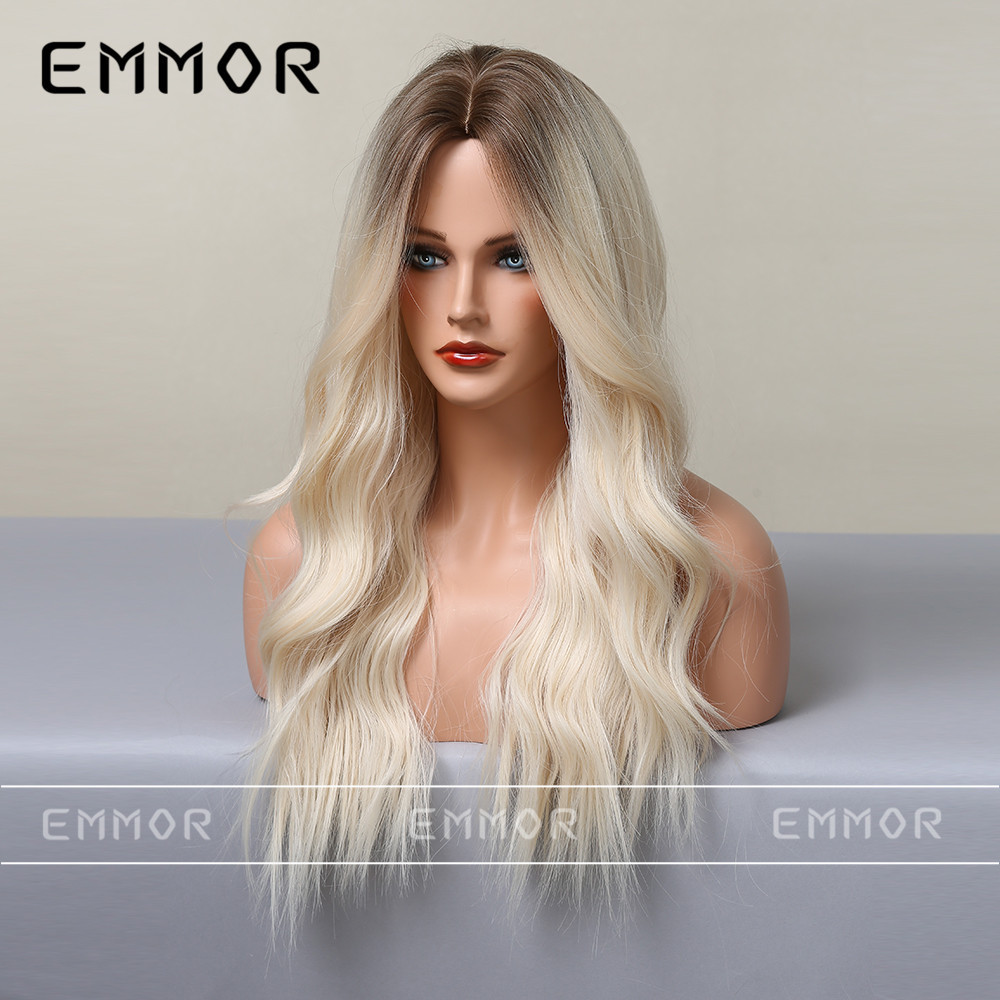 Temperament goddess style wig middle part gradient golden big wave long curly hair high temperature wire European and American wig female headpiece