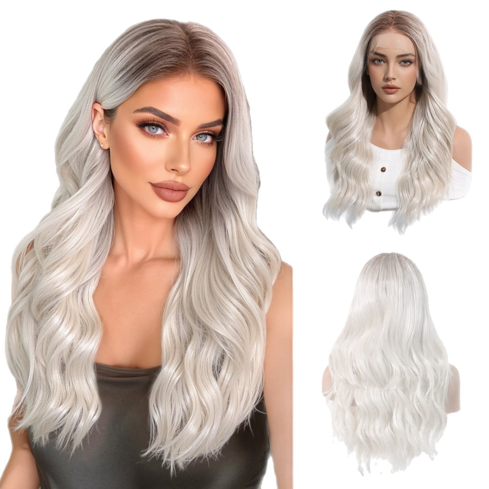 Cross-border grandma gray wig 13*6 large area full hand-woven long curly hair random parting secondary shaping full head cover