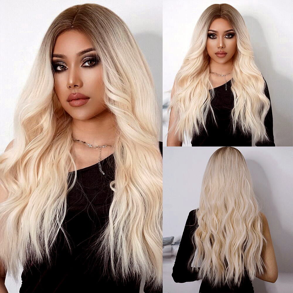 Temperament goddess style wig middle part gradient golden big wave long curly hair high temperature wire European and American wig female headpiece