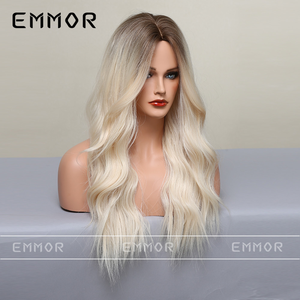 Temperament goddess style wig middle part gradient golden big wave long curly hair high temperature wire European and American wig female headpiece